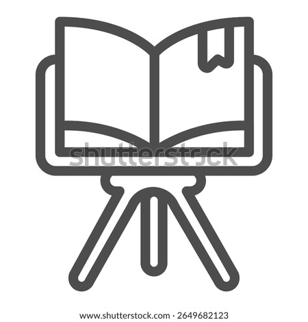Book with bookmark on tripod stand line icon, book festival concept. Vector graphics. Textbook presentation, promotion sign on white background, outline style icon for mobile or web design