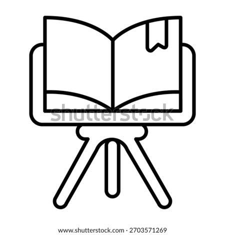 Book with bookmark on tripod stand thin line icon, book festival concept. Vector graphics. Textbook presentation, promotion sign on white background, outline style icon for mobile or web design