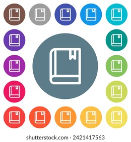 Book with bookmark outline flat white icons on round color backgrounds. 17 background color variations are included.