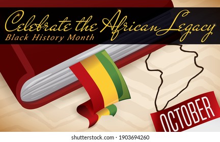 Book with bookmark ribbon, scroll with African map and calendar, reminding at you the African legacy during the Black History Month during October in Europe.