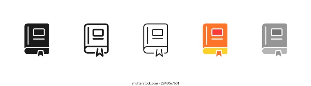 Book with bookmark set icon. Tick, note, bookmark, reading list, marker, library, education, text book, literature, Writer. Reader concept. Vector five icon in different style on white background