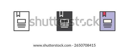 Book with bookmark tab icon set. Outline, solid and filled outline colorful versions. Book icon, educational vector sign and school reading symbol.