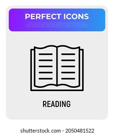 Libro con el icono de la línea delgada del marcador. Ilustración vectorial moderna para el logotipo de la librería.