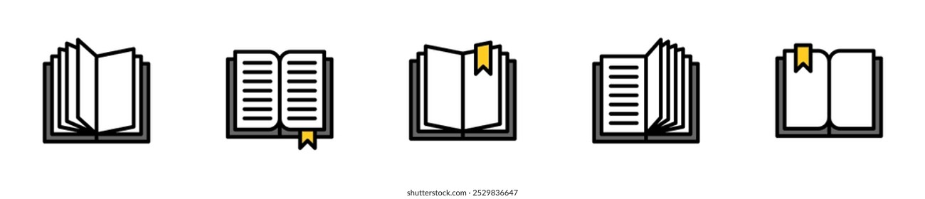 Book with bookmark vector icon set. Icons of books with bookmarks