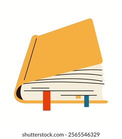 Book with bookmarks and yellow hardcover flat color vector objects. Learning lesson reading textbook illustration on white background