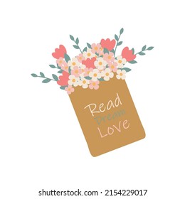 A book with a bouquet of flowers and the inscription Read, dream, love. Flat vector illustration isolated on white background. Literature fan, book reading concept for postcard.
