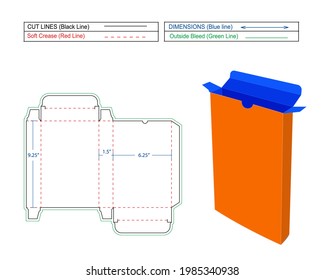 Book box 9 x 6 x 1.5 inch, resizable Reverse Tuck End book box Dieline template and 3D render box