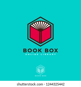 Book Box logo. Online book store. Digital library. Open book on a hexagon isolated, on a azure background.