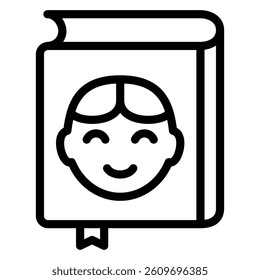 Book with boy face line icon, children book holiday concept. Vector graphics. Kid, child head at textbook sign on white background, style mobile or design