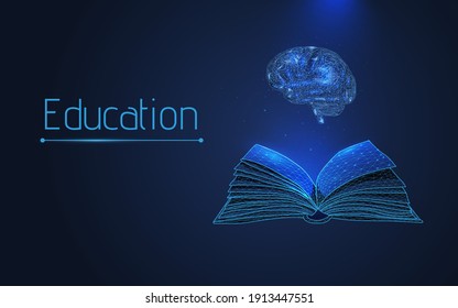 Book And Brain, The Concept Of Teaching And Acquiring Knowledge In Courses, Studies. Advanced Training, Graduation, Completion Of Training.isolated,plexus, Wireframe, Vector,low Poly,dots