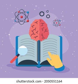 book brain and education icons on purple background