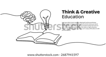 Book with brain and lightbulb in continuous one line drawing. Vector illustration representing knowledge, creative ideas, and education. Minimalist hand drawn symbol.