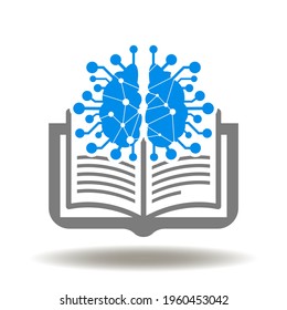 Libro con ilustración del vector cerebral. Logo de la tecnología educativa. Símbolo de aprendizaje automático de IA.