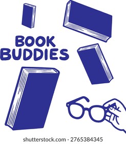 Book buddies illustration: A whimsical illustration featuring several books and a pair of eyeglasses, suggesting the joy of reading and camaraderie among books lovers.