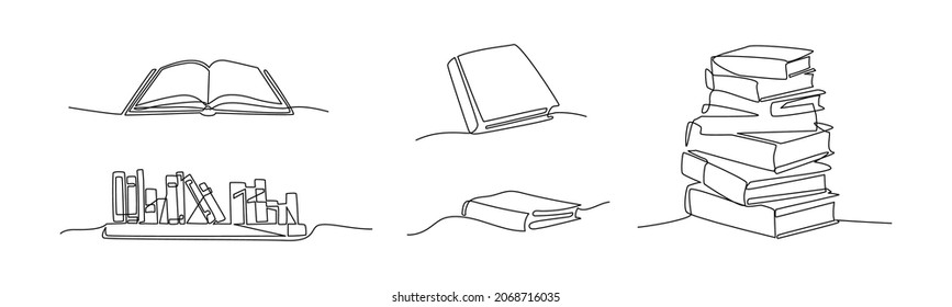 Compra una línea. Esbozo de libros de texto escolares. Contorno conjunto de ilustraciones vectoriales simples en blanco y negro. Libros en el estante