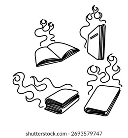El libro ardiendo con colección de fuego en dibujo a mano de doodle
