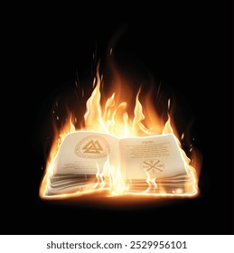 Book burning in a fire, on a black background. Sparks, smoke, transparency effect. Highly realistic illustration.