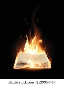Book burning in a fire. Sparks, smoke, transparency effect. Highly realistic illustration.