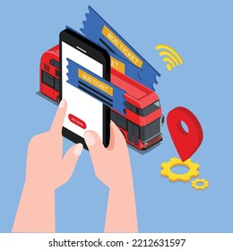 Book and buy bus ticket online isometric 3d vector illustration concept for banner, website, illustration, landing page, flyer, etc.