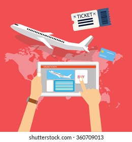 book buy plane flight ticket online via internet for travel with tablet computer