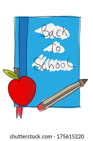 book by writing back to school, pencil and apple fruit