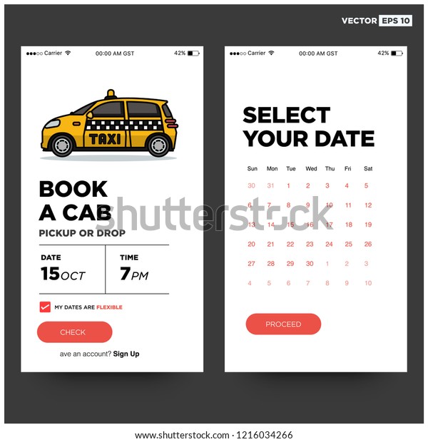 Book A Cab Taxi App UX UI Design for Smart\
Phones with Small Car Vector\
Illustration