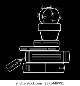 A book, a cactus in a pot and a label with the inscription "read me". White outline on a black background. Linear vector illustration.