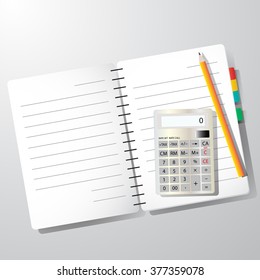 book and calculator and pencil vector color background,Top view image of open notebook  business or education concept