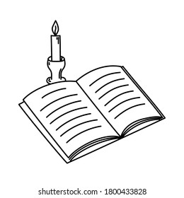 Book and candle. Black and white vector illustration in doodle style.