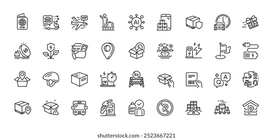 Paquete de iconos de línea de estación de carga y seguimiento de paquetes. AI, pregunta y respuesta, iconos de pin de mapa. Paquete de devolución, cadena de suministro, icono de Web de hito. Vector