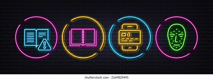 Book, Card and Instruction manual minimal line icons. Neon laser 3d lights. Face biometrics icons. For web, application, printing. E-learning course, Mobile payment, Important document. Vector