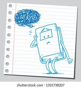 Book cartoon character is confused. Educational concept. Sketch style illustration on sticky note. 