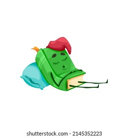 Book cartoon character emoticon resting on pillow isolated green textbook in sleeping hat. Vector childish bestseller fairy tale book in sleep, childish book in hardcover, education knowledge kawaii