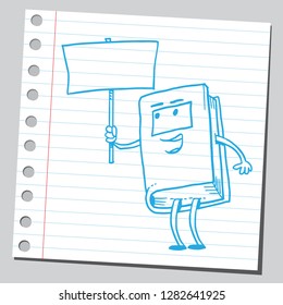 Book cartoon character holding empty banner