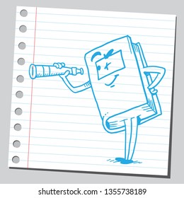 Buchen Sie Cartoon-Charakter, der durch das Teleskop schaut. Bildungskonzept. Sketch-Style-Illustration auf klebriger Notiz. 