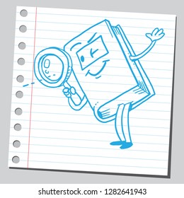 Book cartoon character with magnifying glass