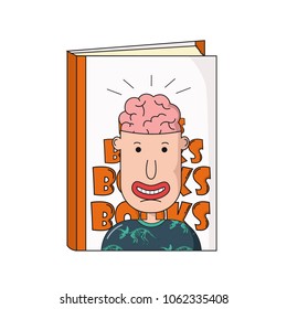 Book with cartoon face man with brain, smart information