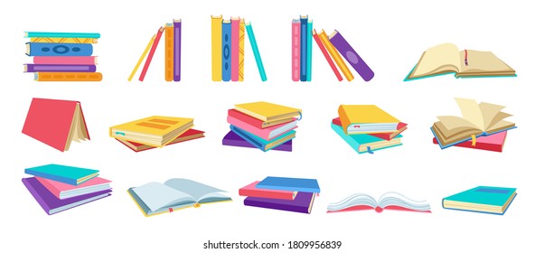 Book cartoon set. Hand drawn blank textbooks, hardbacks, empty pages for library. Reading, learn and receive education through books collection. Vector illustration on white background