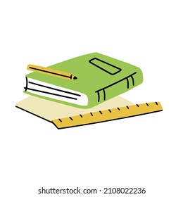 Libro al estilo de las caricaturas. Educación y conocimiento. Detalles de la escuela y estudio. Cubierta cerrada. Diseño moderno y de moda. Material de escritura