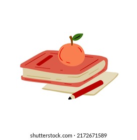 Book in cartoon style. Education and knowledge. Closed cover. Modern trendy design. Writing materials and apple. Details of school and study