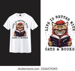 Book With Cat typography t-shirt design, book cat t-shirt design