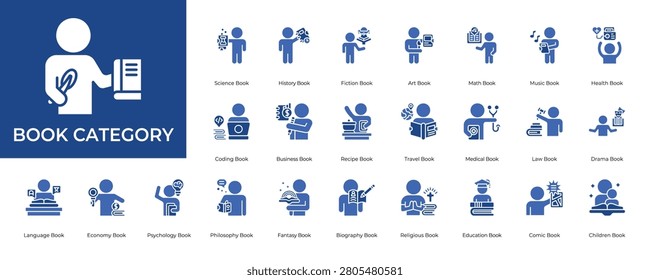 Book Category Icon set Collection in Glyph Two Color Style. library, school, class, read, science, literature, student