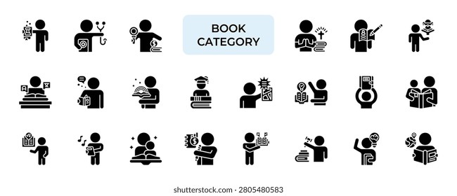 Book Category Icon set Collection in Solid Glyph Style. library, school, class, read, science, literature, student