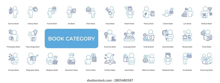 Book Category Icon set Collection in Line Two Color Style. library, school, class, read, science, literature, student