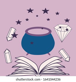 book, cauldron and diamonds, vector illustration, perfect to use on the web or in print