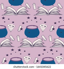 book, cauldron and magic elements in a seamless pattern design, perfect to use on the web or in print