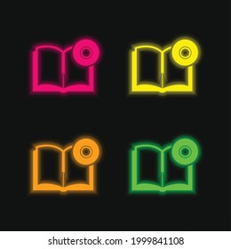 Book And Cd four color glowing neon vector icon