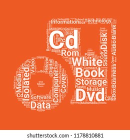 Book with CD ROM word cloud vector design creative concept. Book with CD ROM icon shape. Trendy vector word collection.