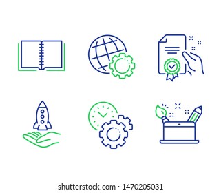 Book, Certificate and Time management line icons set. Globe, Crowdfunding and Creativity concept signs. E-learning course, Certified guarantee, Settings. Internet settings. Education set. Vector