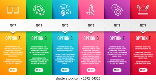 Book, Certificate and Time management line icons set. Infographic timeline. Globe, Crowdfunding and Creativity concept signs. E-learning course, Certified guarantee, Settings. Vector